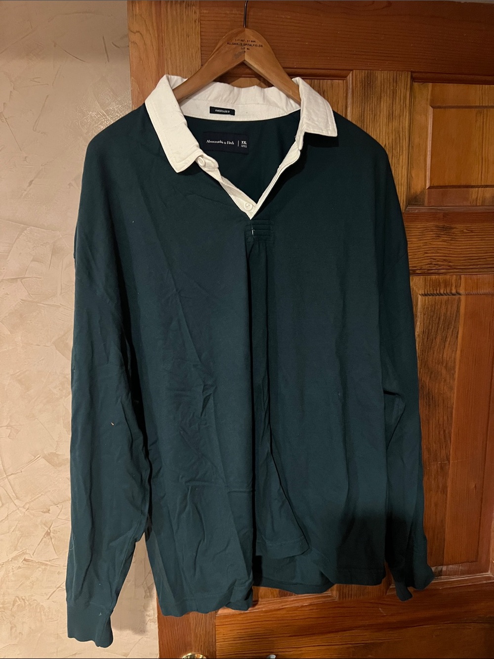 Abercrombie & Fitch Dark Green Rugby Shirt Jacket with White Collar